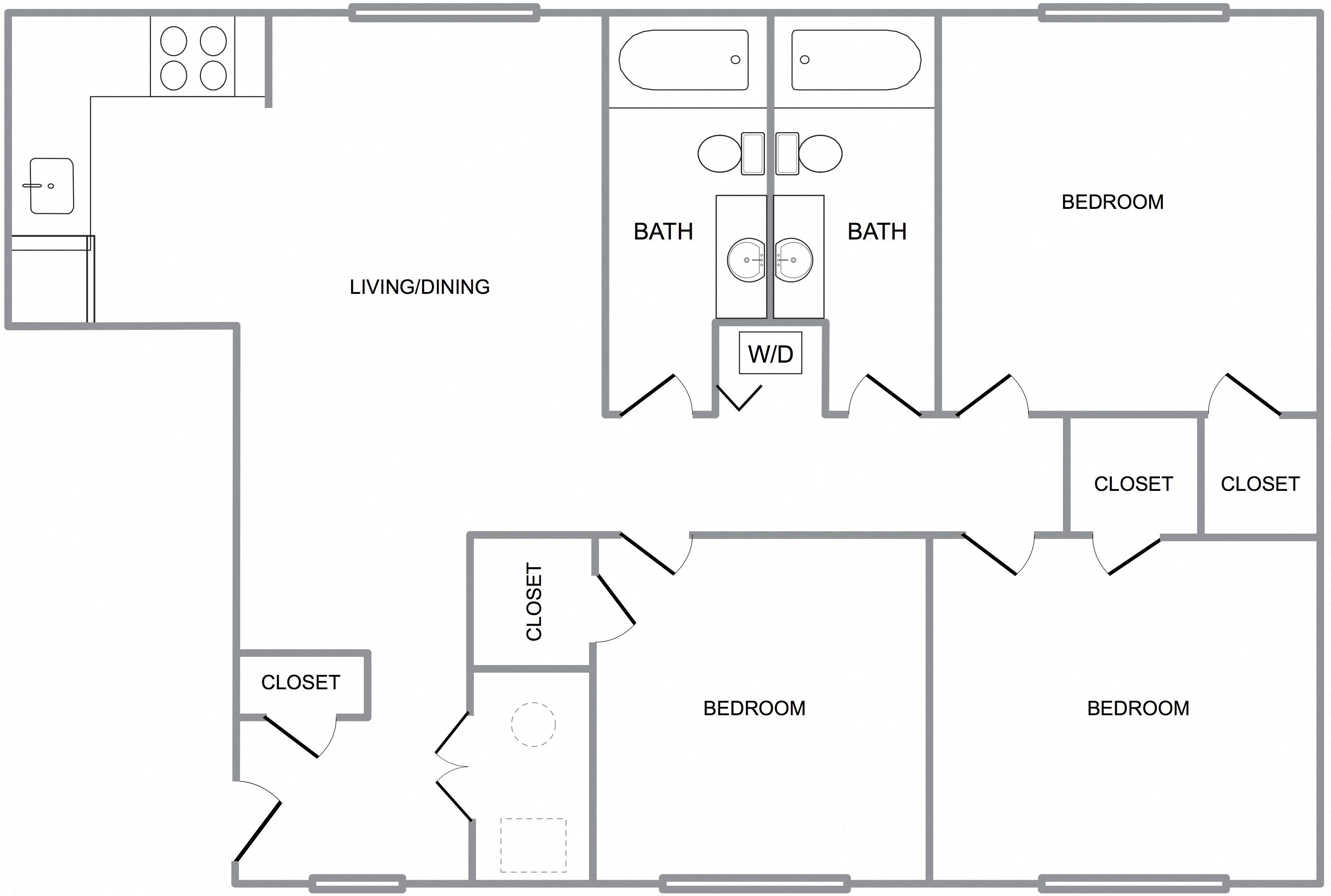 Floor plan for 3 beds, 2 baths, 1190 sqft